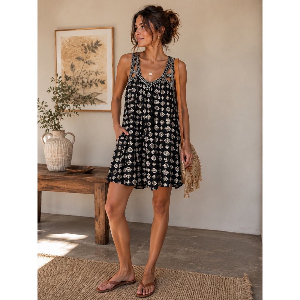 American Eagle Boho Printed Swing Dress Cutout Back Mini Festival Small